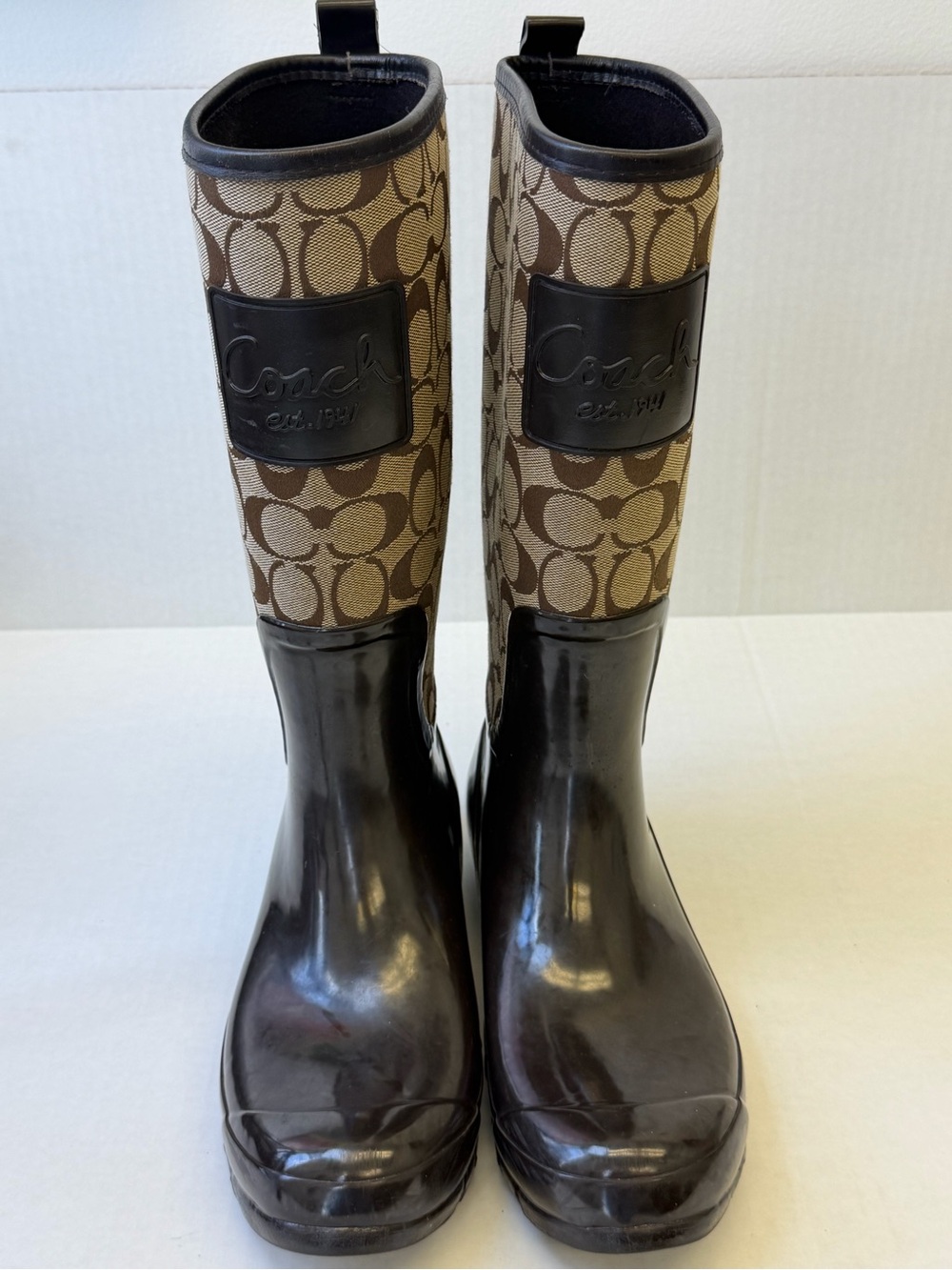 COACH  Brown Signature Logo Rain Boots - Women's 9 - brown/ pearl